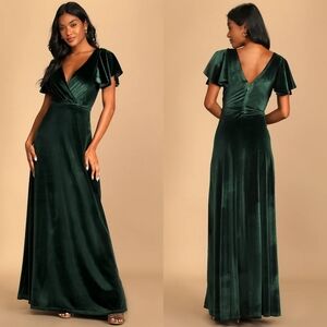 Lulus Absolutely Amazed Emerald Green Velvet Flutter Sleeve Maxi Dress M Wedding